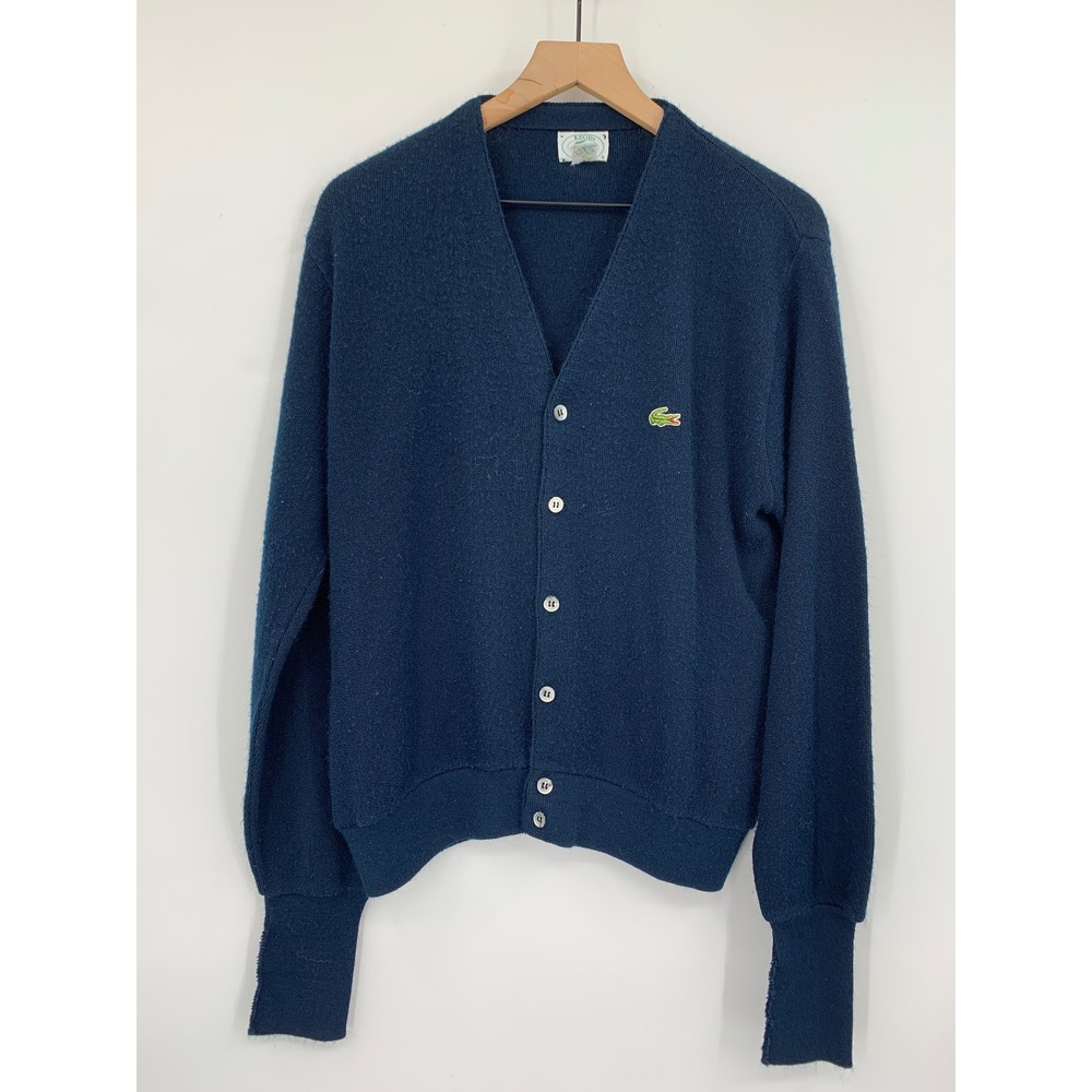 Vintage Izod Lacoste Sweater Mens Medium Navy Blue Cardigan Acrylic Made USA